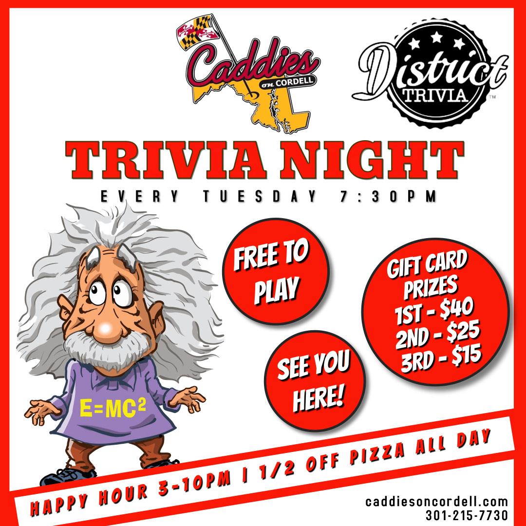 a flyer for a trivia night with a cartoon character