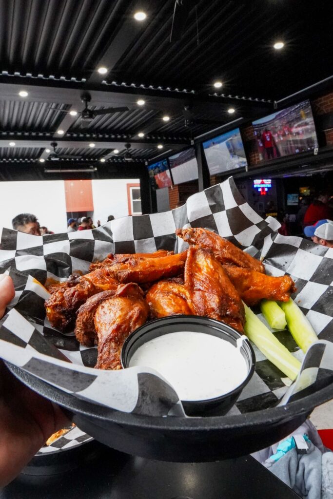 a person holding a plate of food with wings and celery