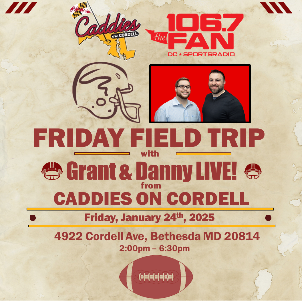 a flyer for a football game with two men